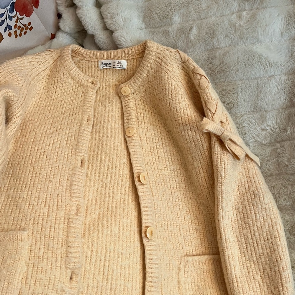 Kids 5/6 Light Pale Orange Lace Up Bow Sleeve Spring Preppy Neutral Cardigan